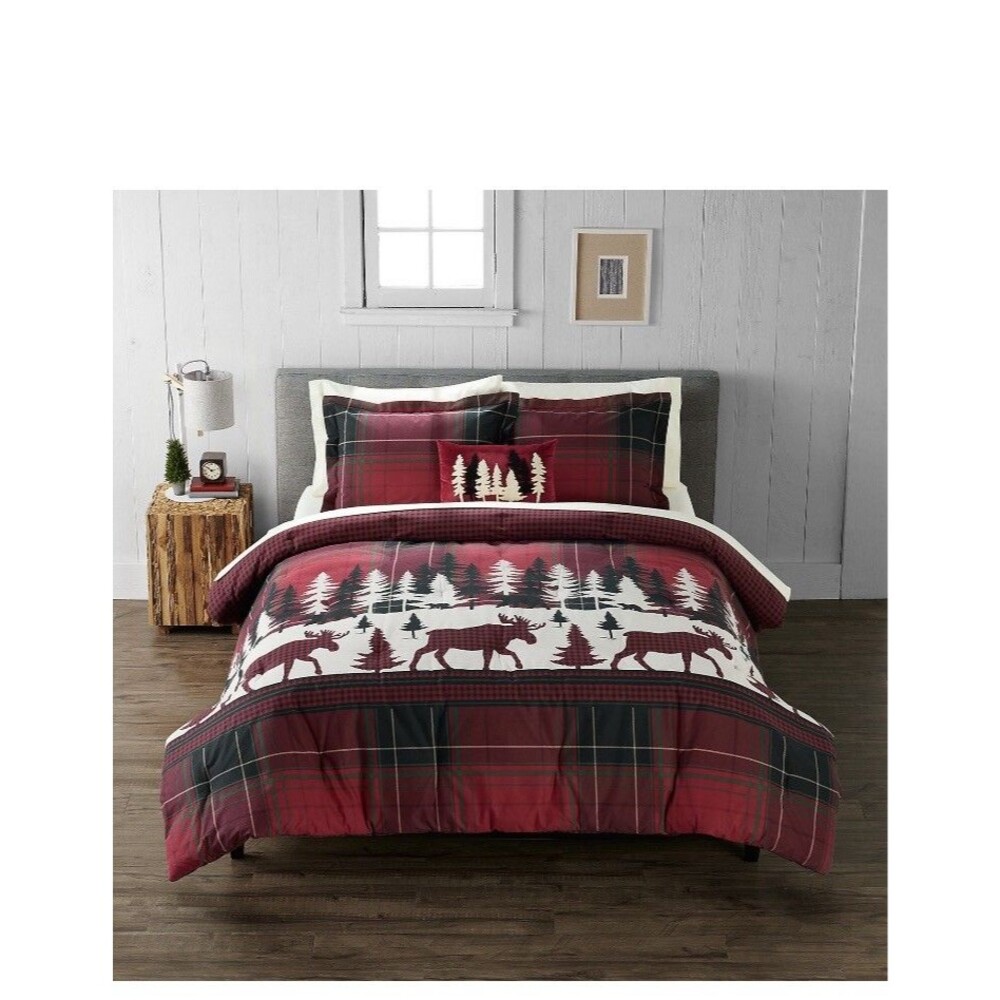 Cuddl Duds Full/Queen heavyweight flannel 4 Piece comforter set Lodge Plaid NEW